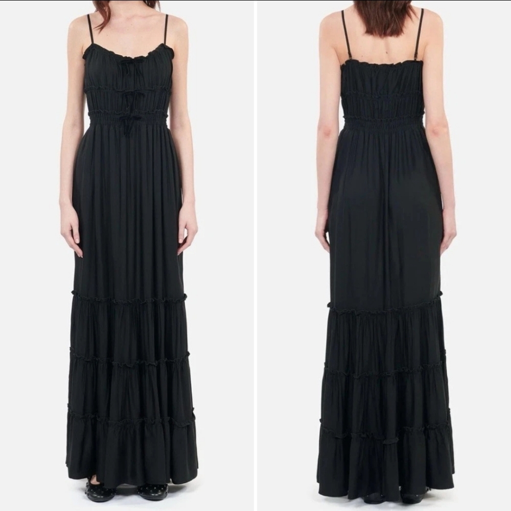NWT The Kooples Shirred Tiered Long Black Maxi Dress with Velvet Bows